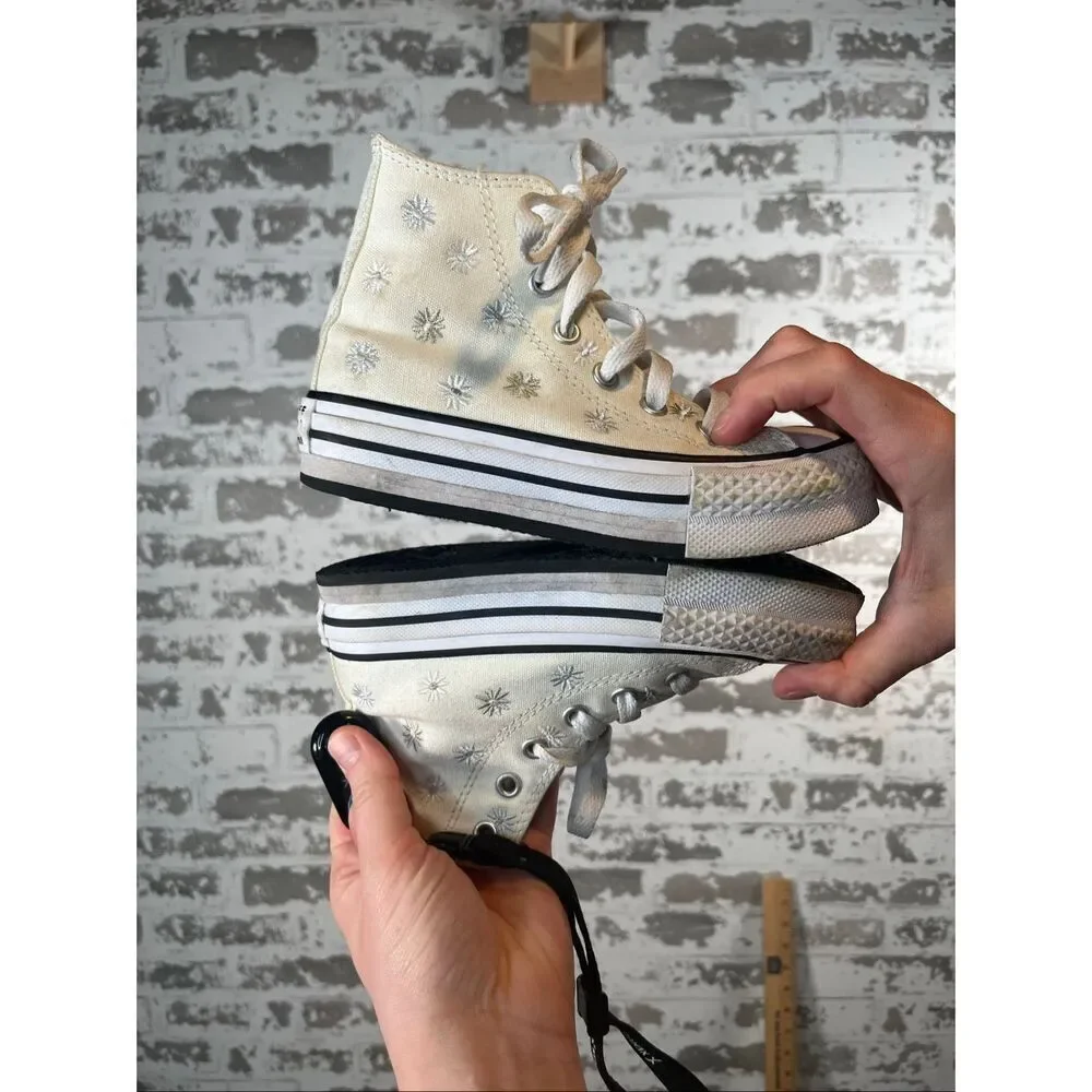 Converse | youth 11.5 cream with embroidered floral high top sneakers